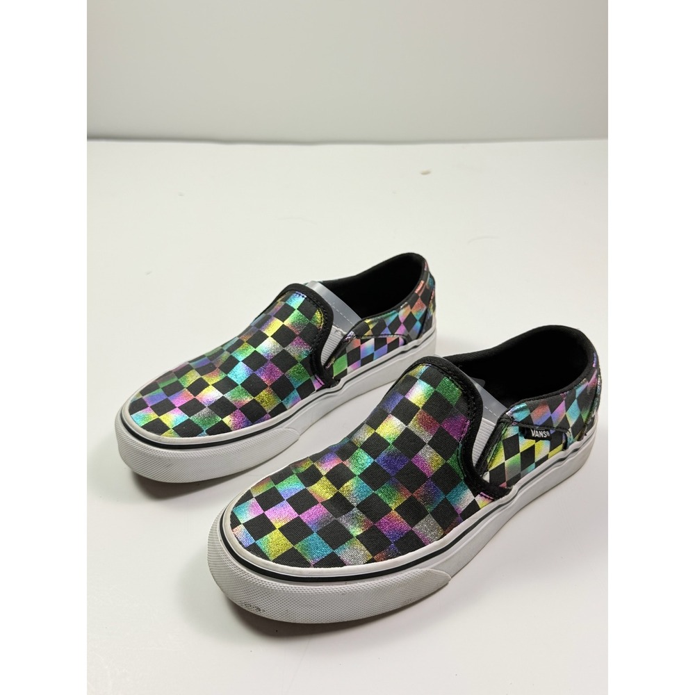 Vans Classic Slip-On Iridescent Rainbow Checkerboard Skater Sneakers Womens 6